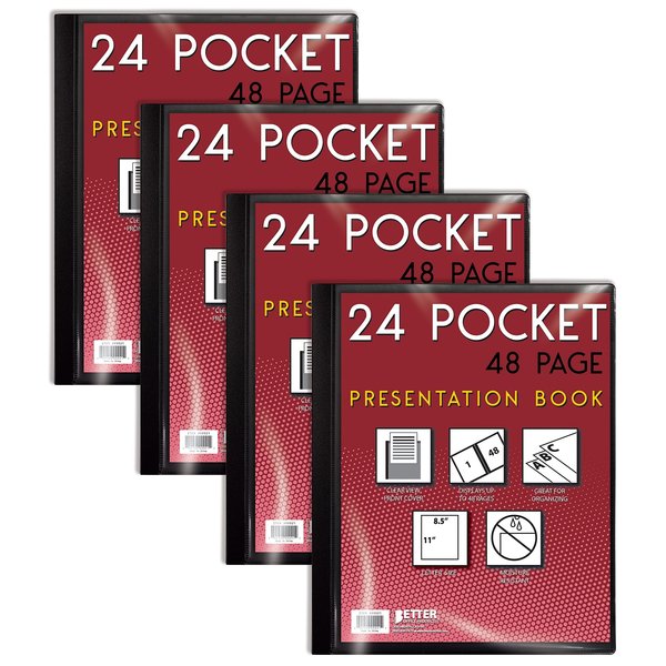 Better Office Products Presentation Book W/Clear Frt Pocket, 24 Pockets, Black, 85in x 11in Clear pkts, Art Portfolio, 4PK 32027